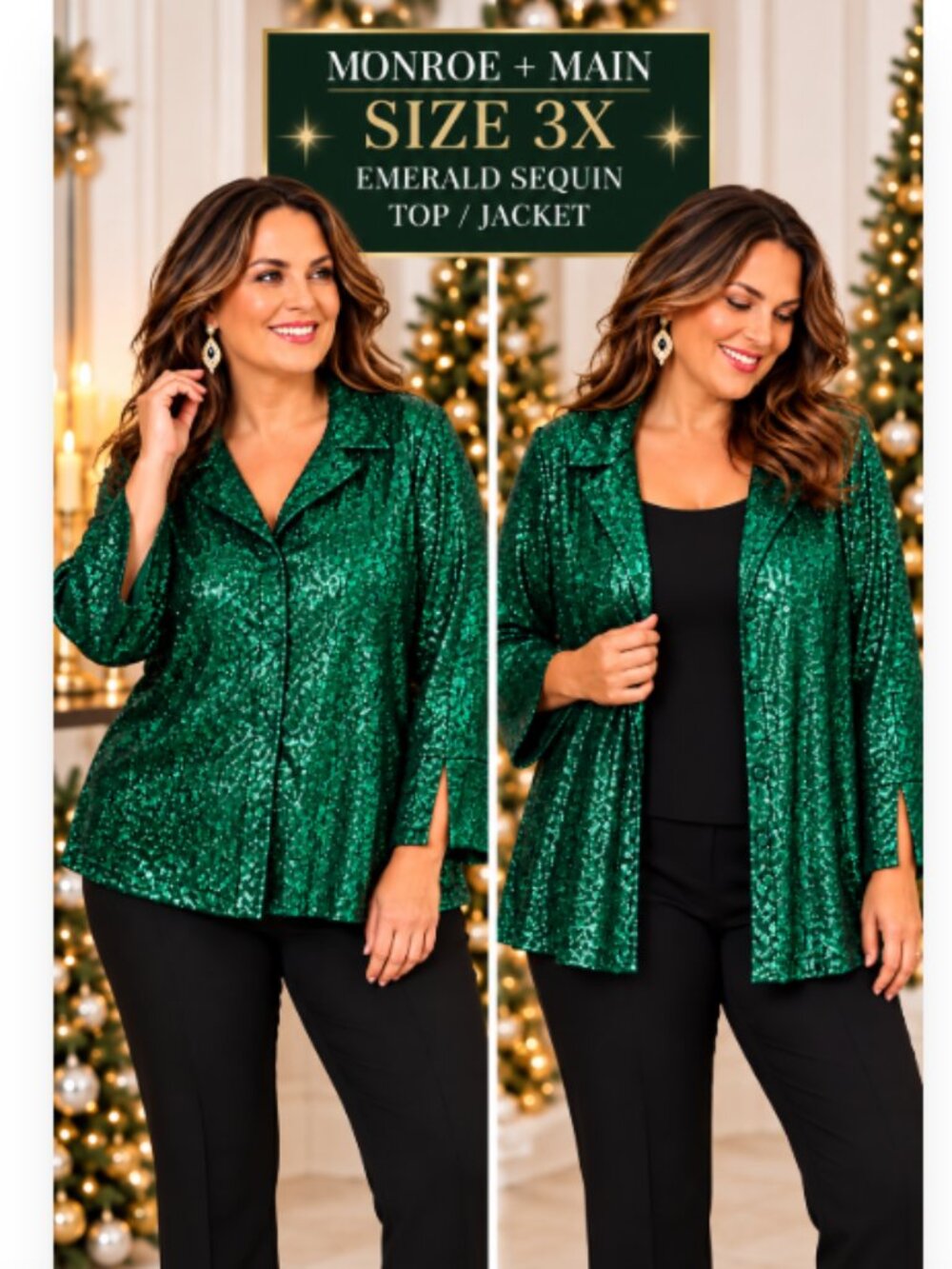 Monroe + Main 3X Emerald Green Sequin Top Blouse